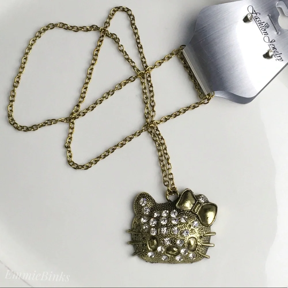 ✨3/$38 NWT Hello Kitty Bronze & Rhinestone Pendant Necklace ~ Bronze Cat Charm - Picture 2 of 11